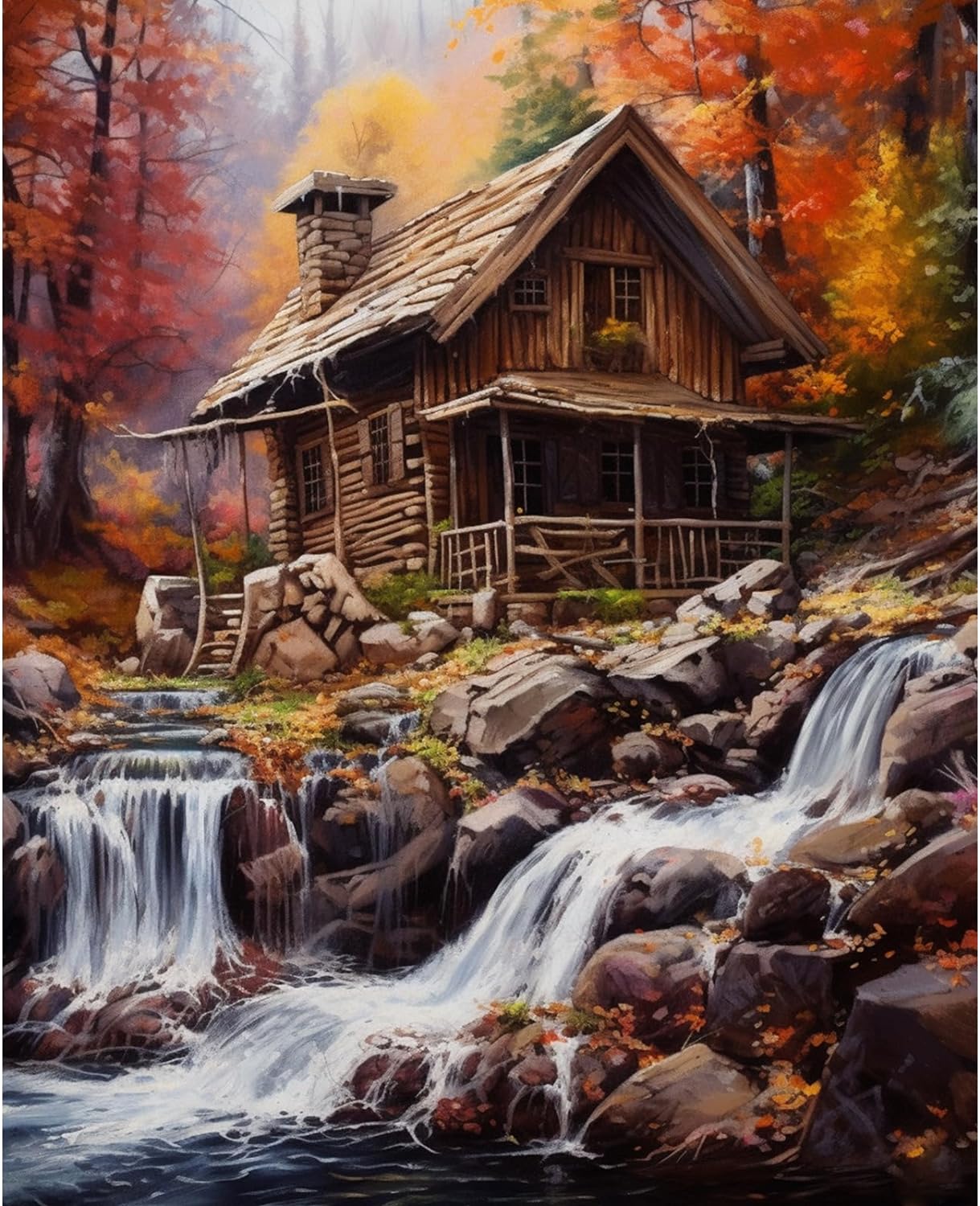 Cabin next to Waterfall in Autumn  Paint by Numbers