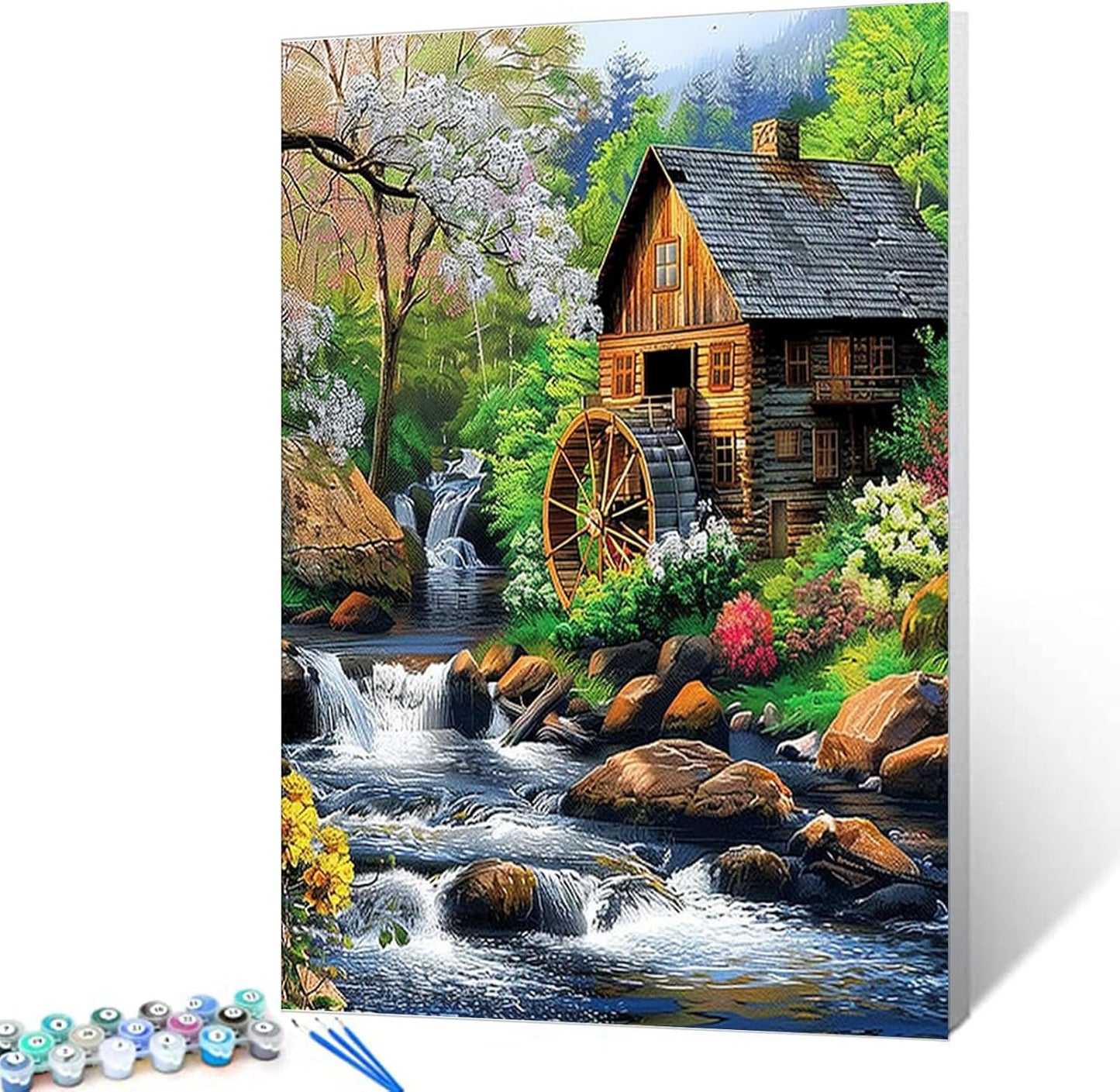 Cabin with waterwheel Paint by Numbers