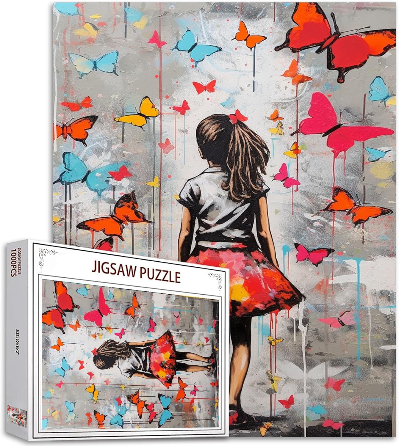 Puzzles de petite fille face à des papillons colorés 